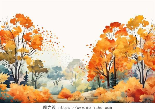 秋天森林树木水彩卡通AI插画